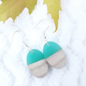 Handmade Opaque Turquoise Resin & Walnut Earrings Hypo-Allergenic Silver Tone